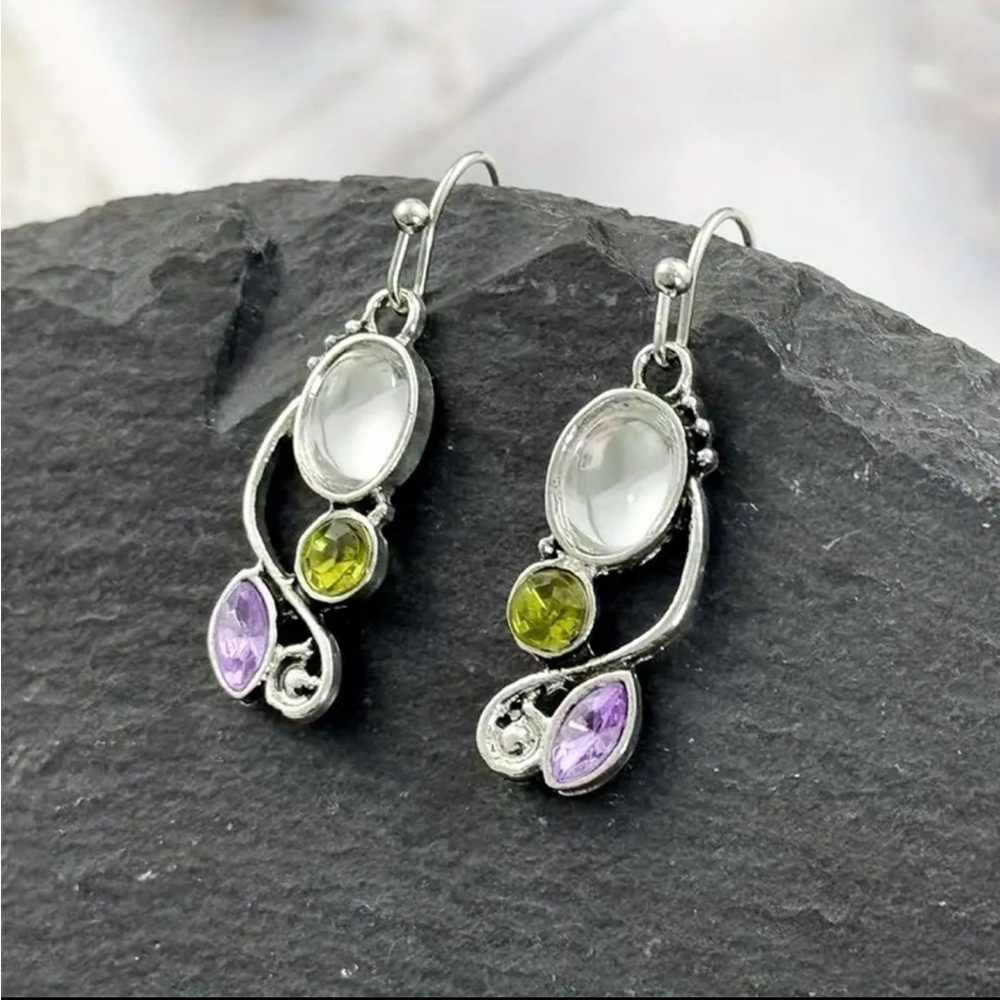 Elegant Silver Earrings with Green and Purple Accents